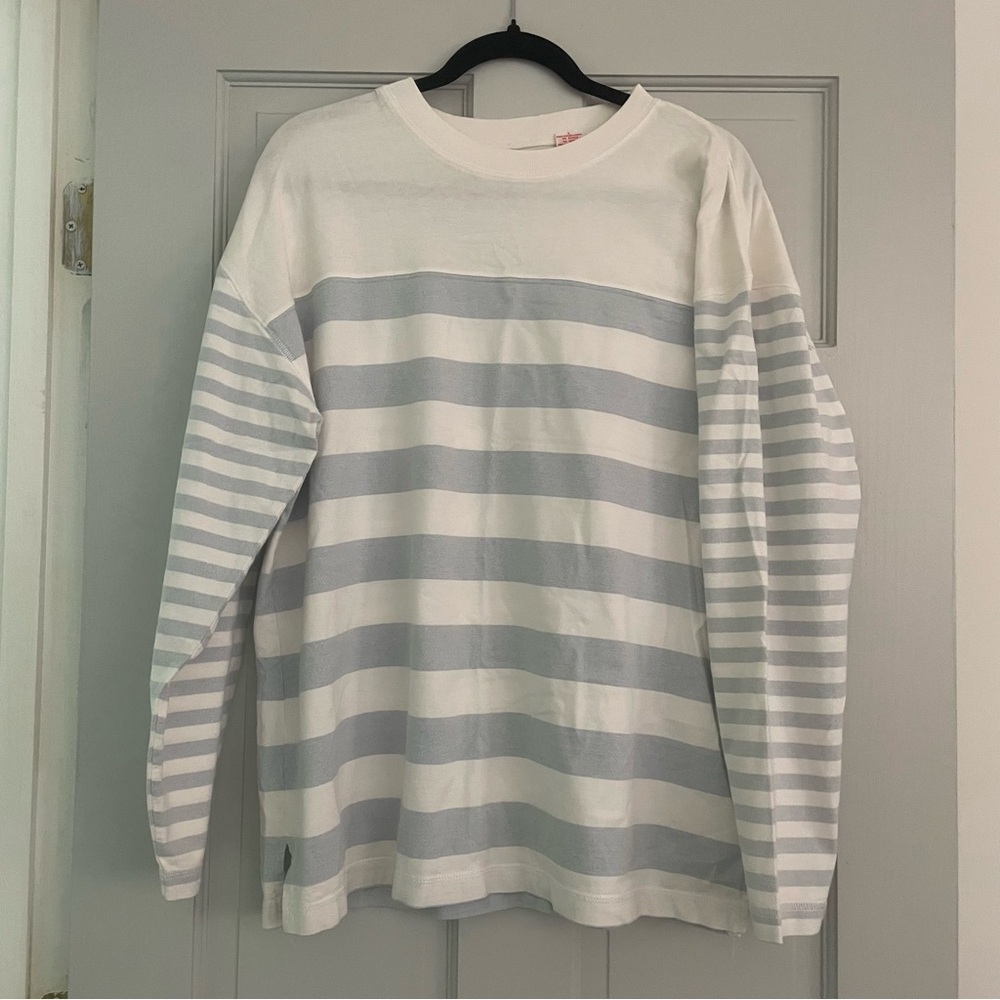 Vintage 100% Cotton Striped Long Sleeve Tee - White & Light Blue